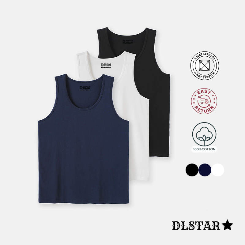 [BUNDLE OF 3] DLSTAR Men's 100% Cool Compact Cotton Tank Top Sleepwear